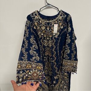 Brand New Navy Blue Heavy Embroidered Pakistani Suit with Matching Shawl Size L